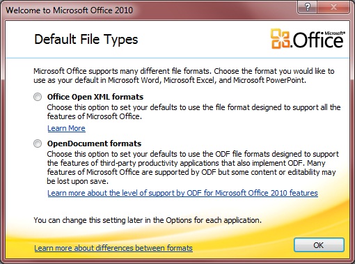 Office 2010 Default File Format Selection Dialog on first Start